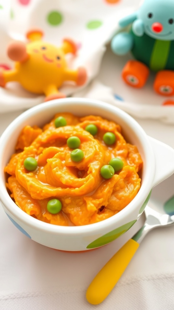 A bowl of creamy mashed vegetables for baby, made with sweet potatoes, peas, and carrots, with a spoon beside it.